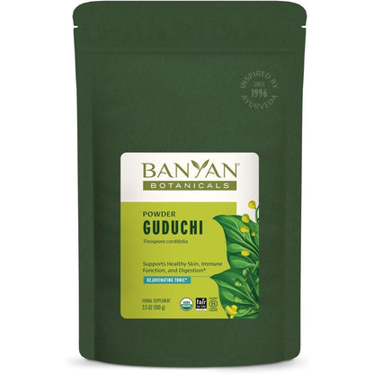 Banyan Botanicals Organic Guduchi Powder front view of 3.5 Ounce packaging for authentic Ayurvedic immune support