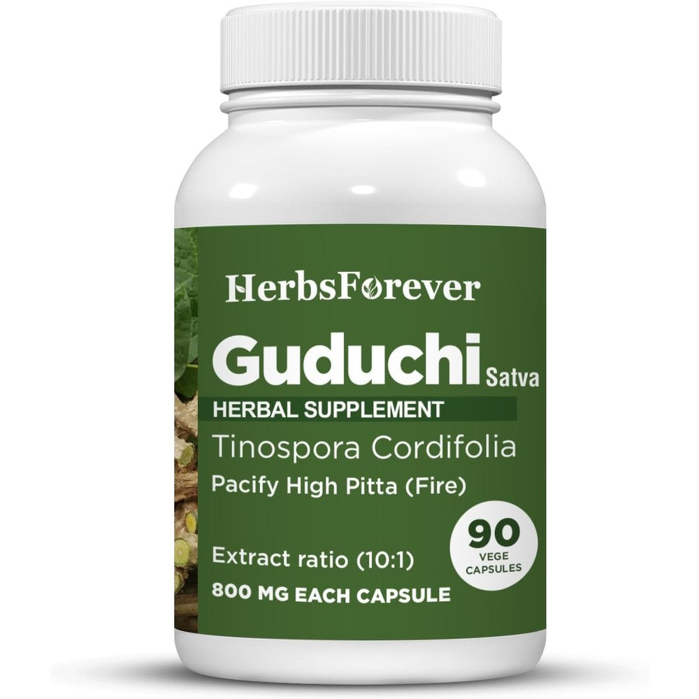 HerbsForever Guduchi 800mg 90 vegetarian capsules bottle front view showing international packaging