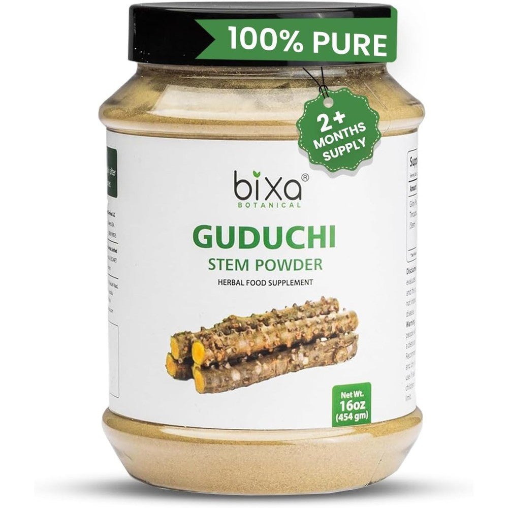Bixa Botanical Guduchi Powder 16 Ounce front view showing clear packaging jar