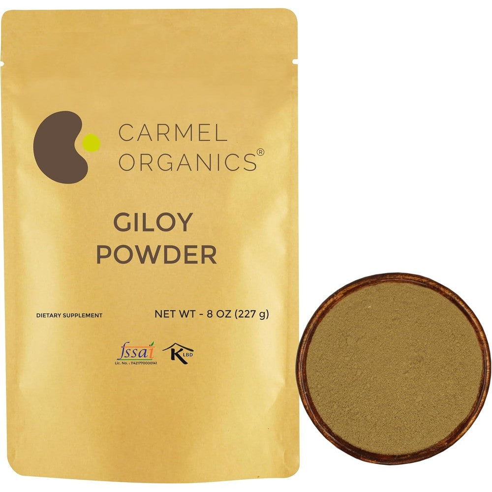 Carmel Organics Ayurvedic Giloy Stem Powder front view packaging for immune support.