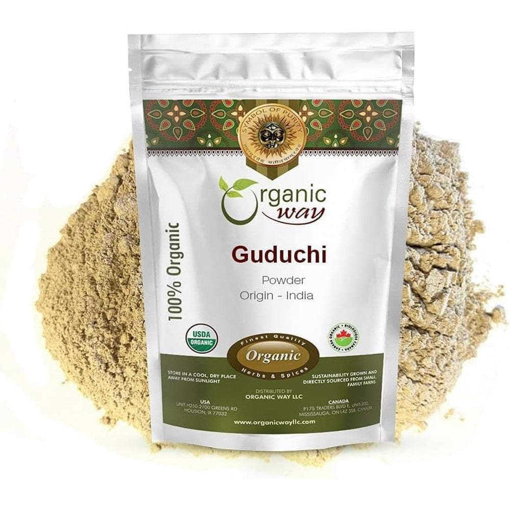 Organic Way Guduchi Powder 16 Ounce resealable bag front view containing authentic organic giloy supplement.