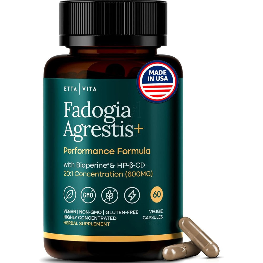 Etta Vita Organic Fadogia Agrestis 600 Milligram front view of bottle containing sixty vegetarian capsules