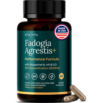 Etta Vita Organic Fadogia Agrestis 600 Milligram front view of bottle containing sixty vegetarian capsules