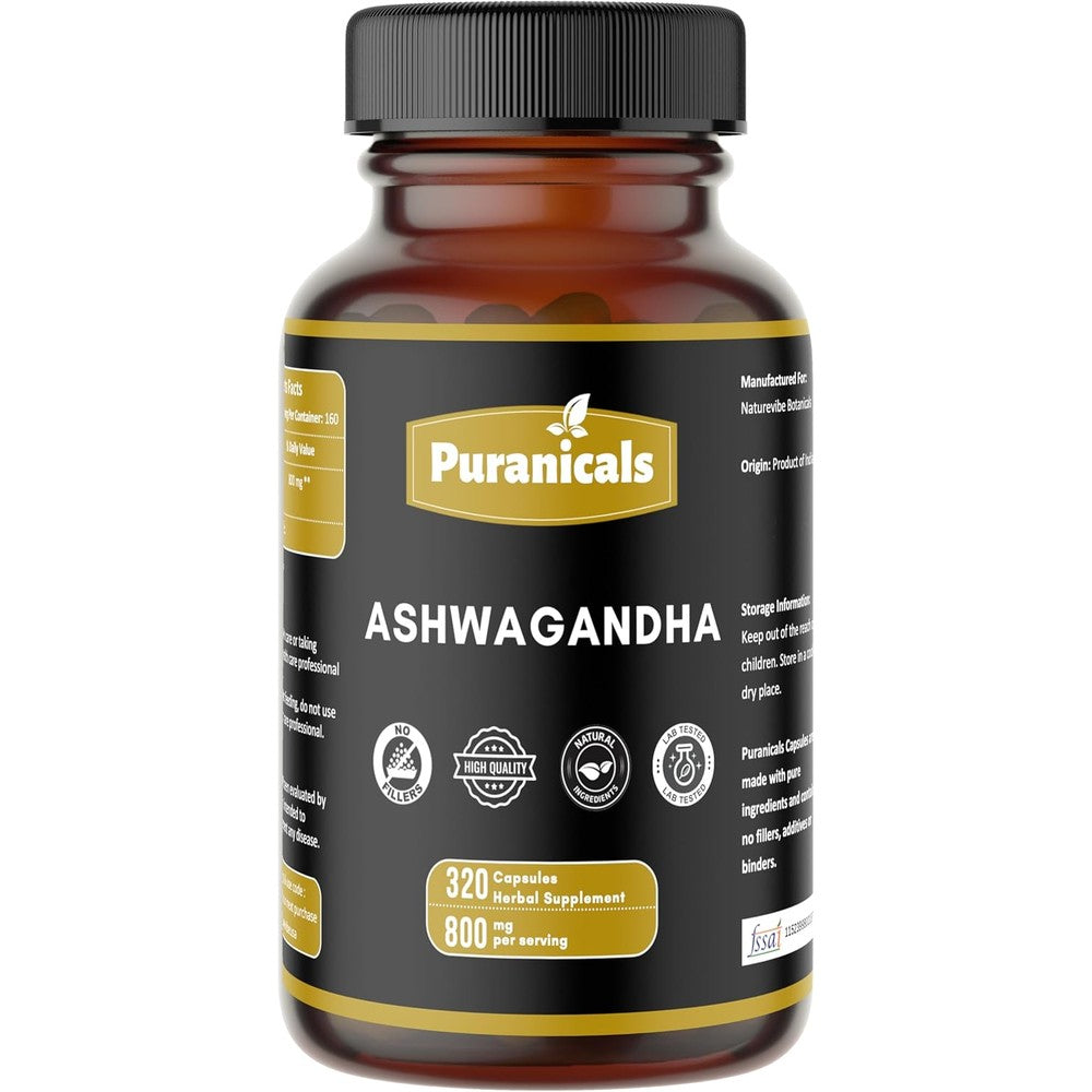 Puranicals Ashwagandha Premium 320 capsules bottle front view showing authentic imported label.