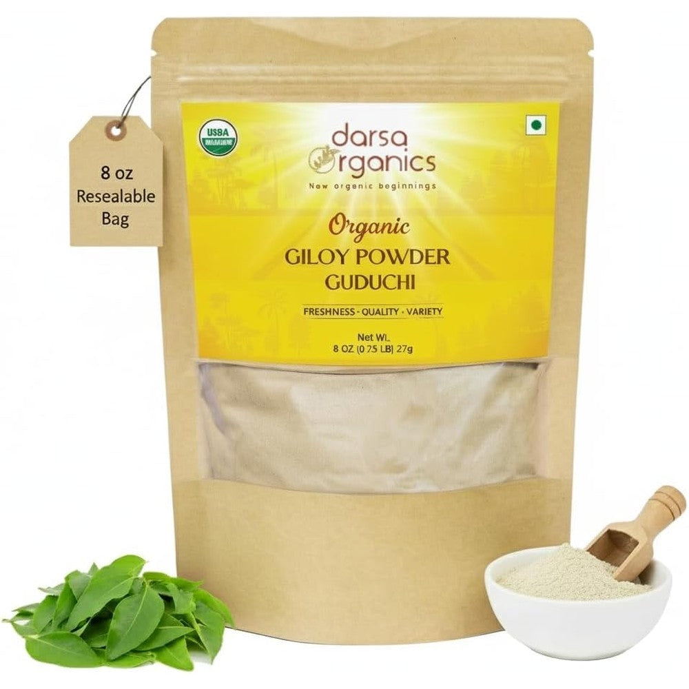 Darsa Organics Giloy Powder front view of eight ounce resealable pouch showing authentic certified organic packaging