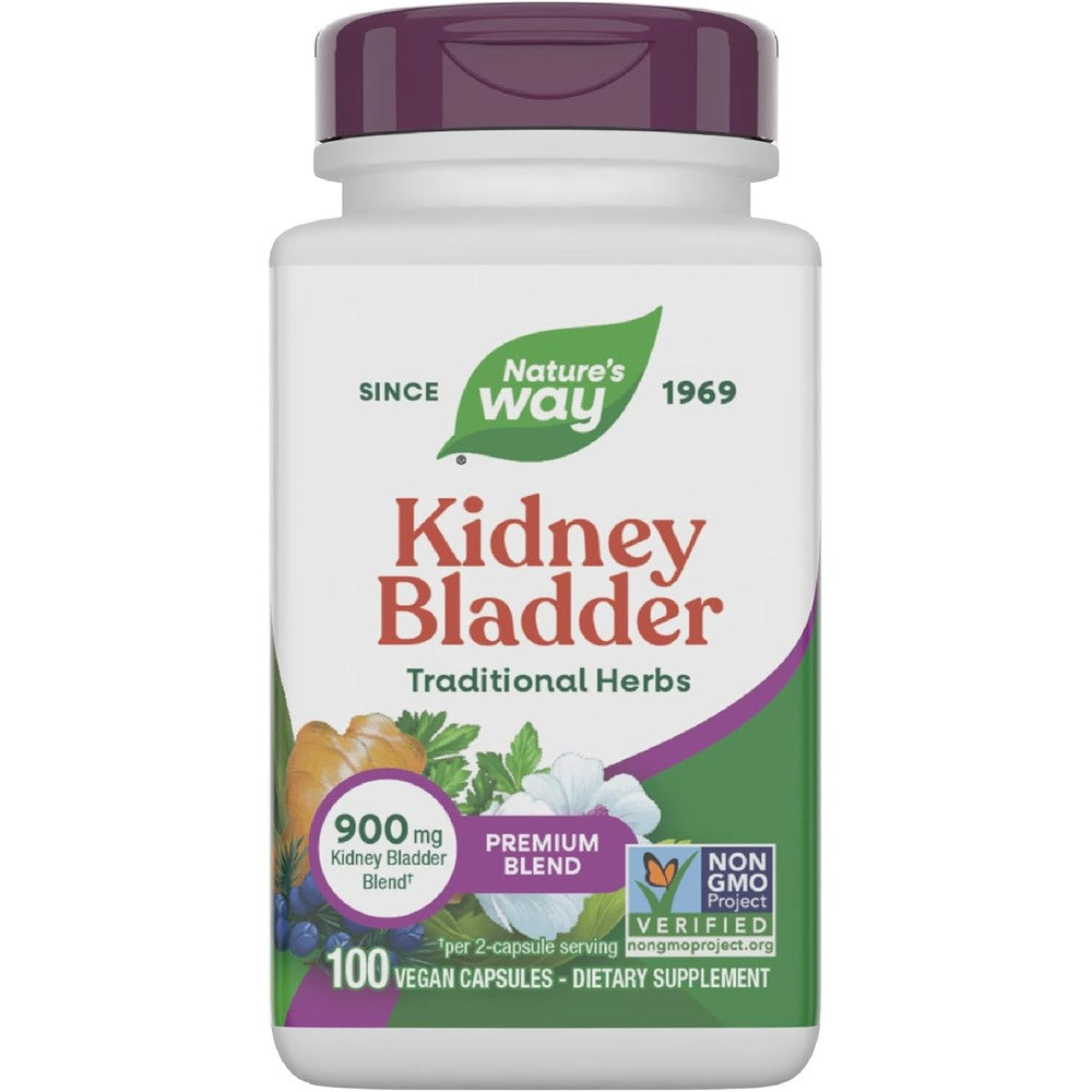 Nature's Way Kidney Bladder 100 capsules front view showing traditional herbal supplement bottle.