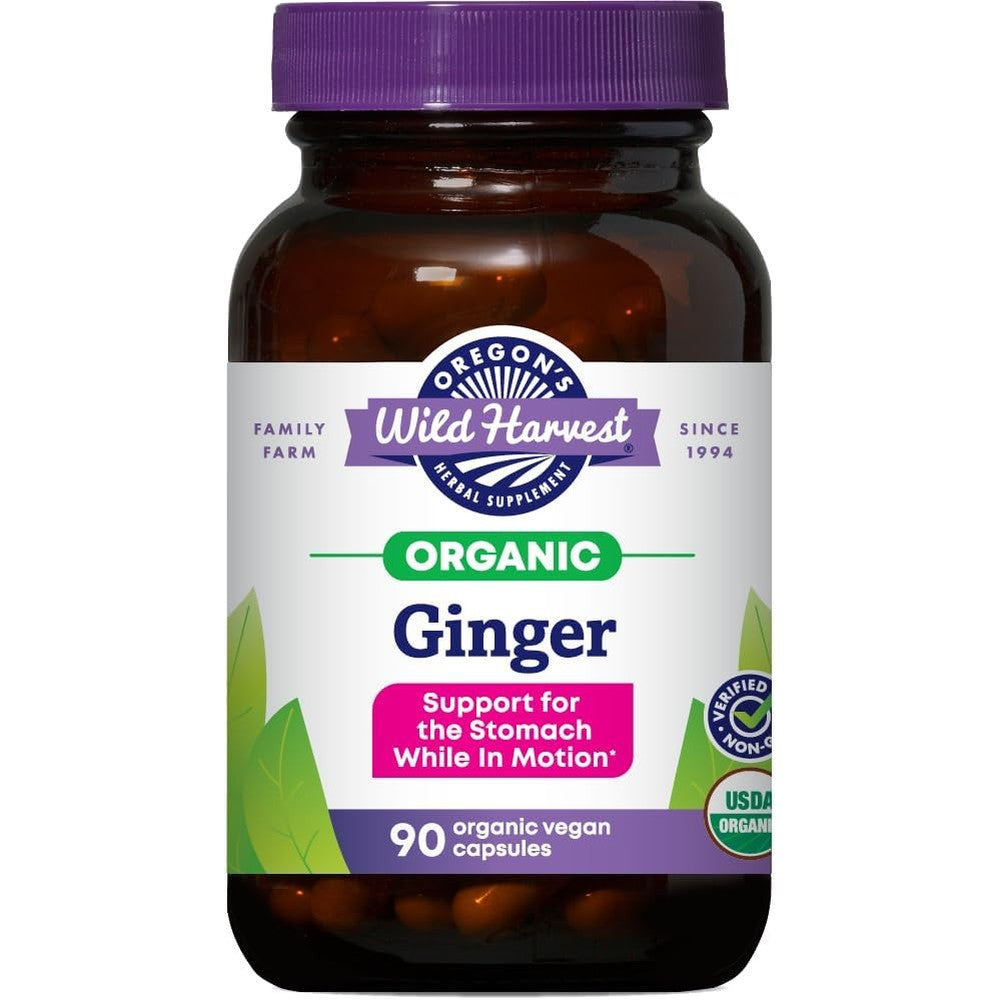 Oregon's Wild Harvest Certified Organic Ginger 90 capsules front view bottle showing USDA organic label