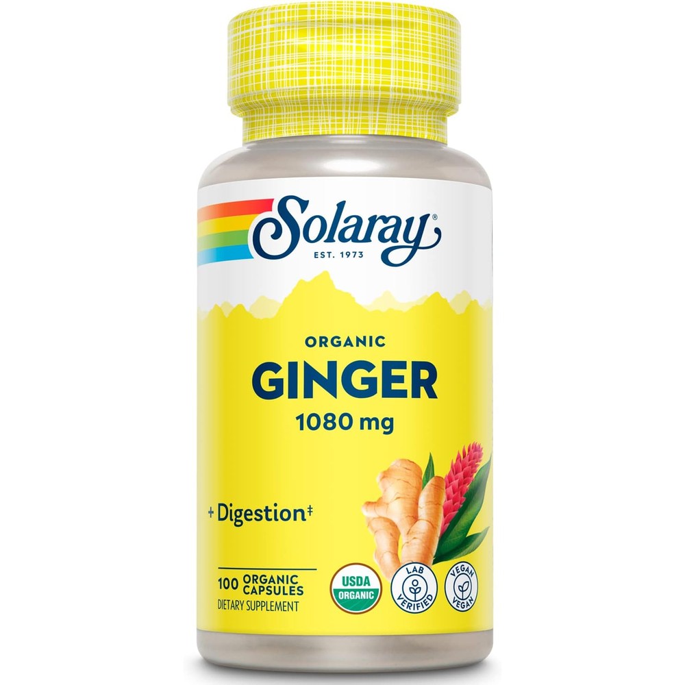 Solaray Organic Ginger 1080mg front bottle view highlighting certified organic vegan ingredients.