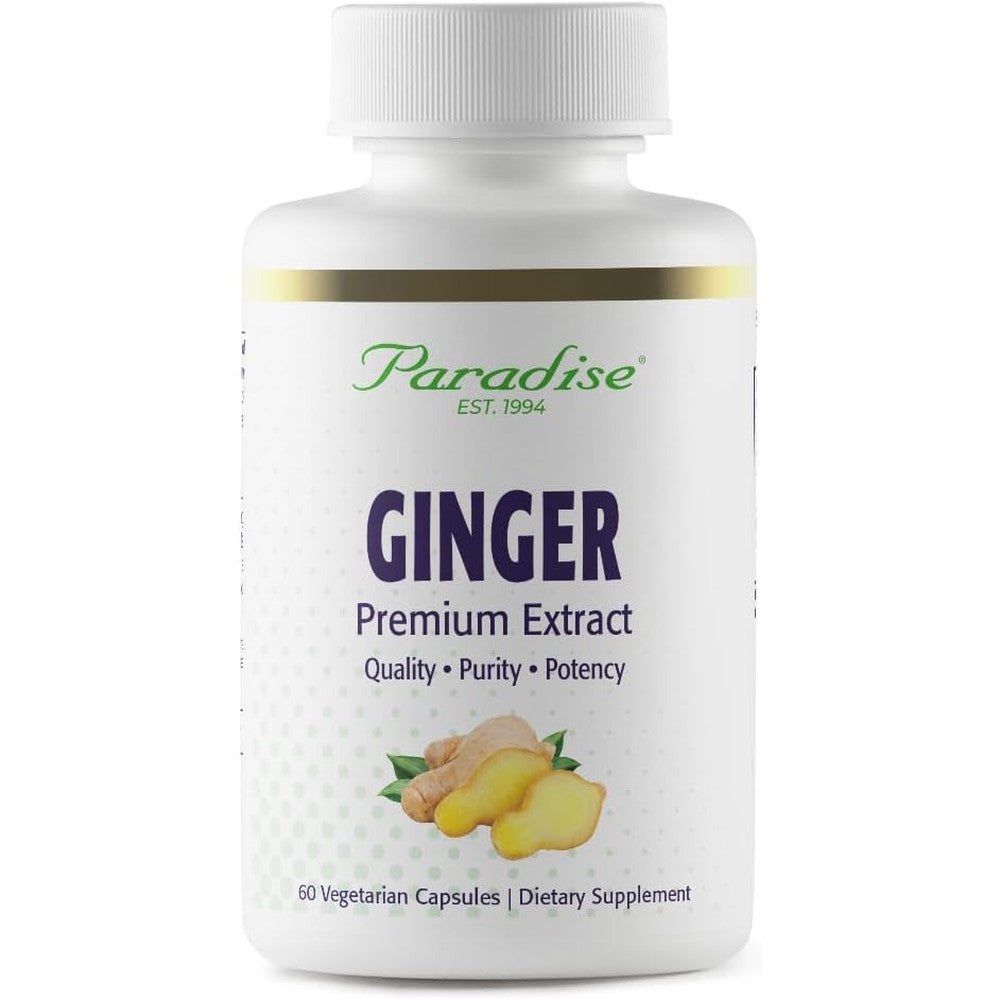 Paradise Herbs Premium Ginger Extract 60 vegetarian capsules front bottle view for authentic digestive support