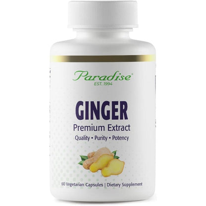 Paradise Herbs Premium Ginger Extract 60 vegetarian capsules front bottle view for authentic digestive support