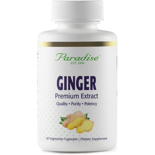 Paradise Herbs Premium Ginger Extract 60 vegetarian capsules front bottle view for authentic digestive support
