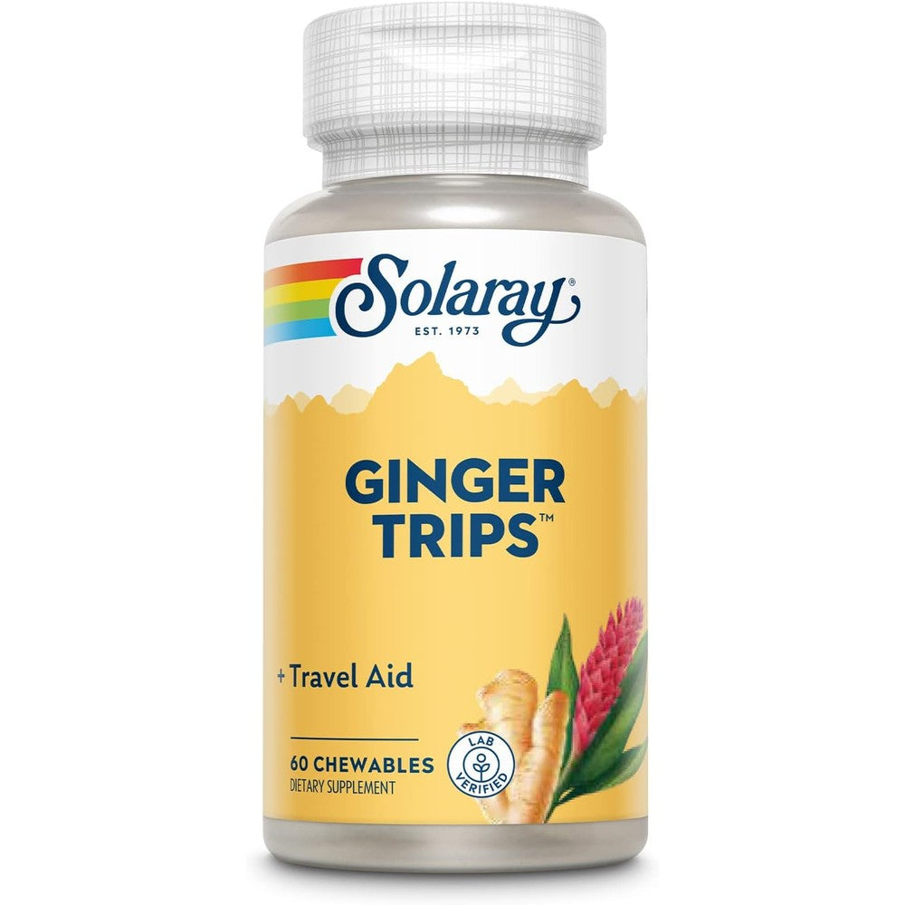 Solaray Ginger Trips Travel Aid 60 chewables front bottle view for motion sickness relief