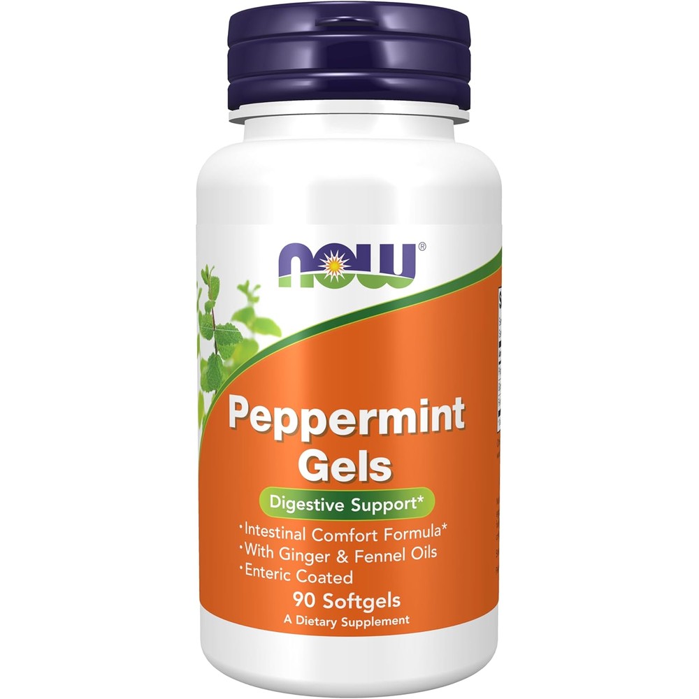 NOW Foods Peppermint Gels 90 softgels bottle front view for digestive support