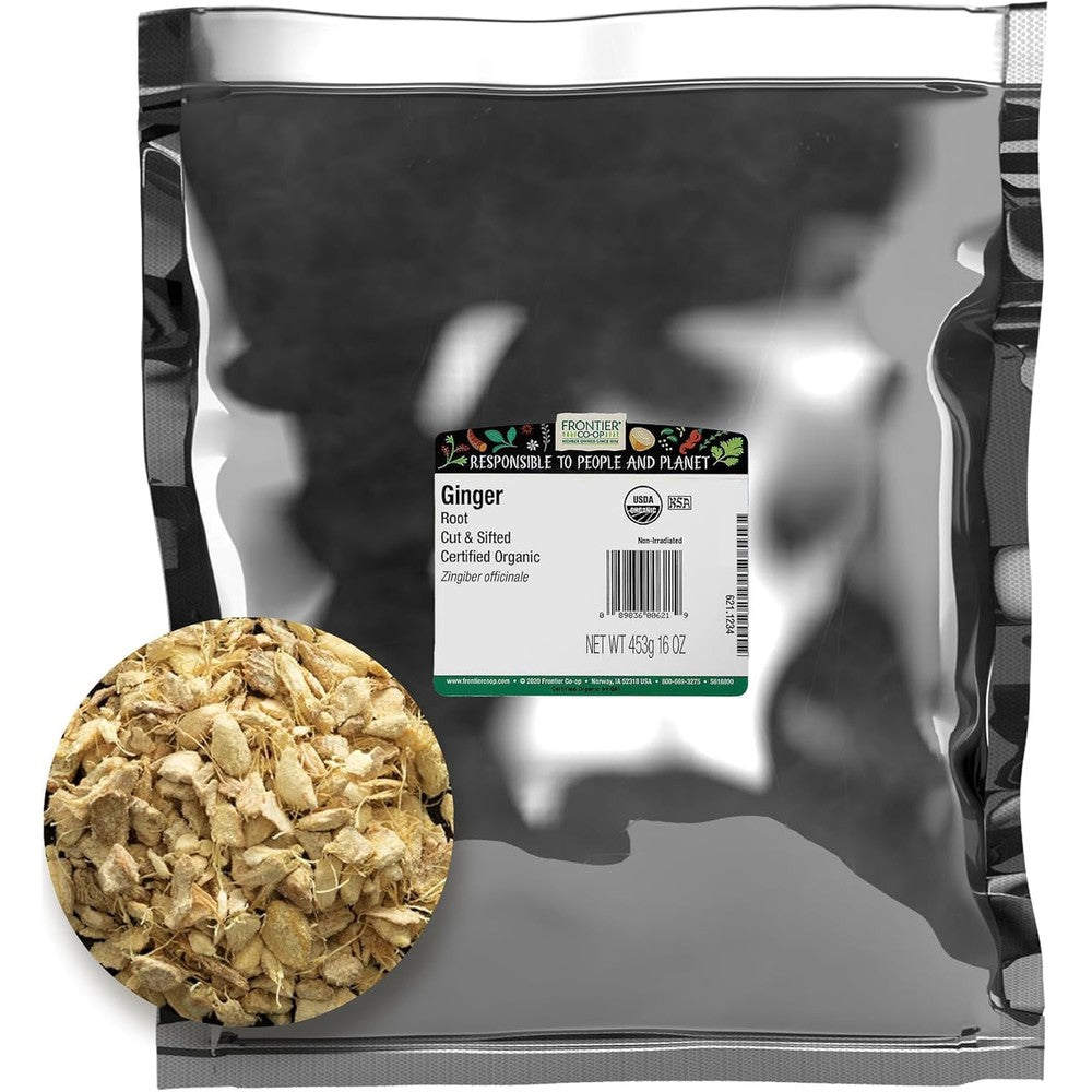 Frontier Co-op Bulk Ginger Root Cut and Sifted sixteen ounces front view package