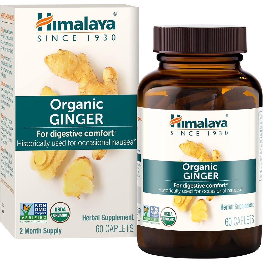 Himalaya Organic Ginger Root Extract 60 caplets front bottle view for authentic digestive health support.