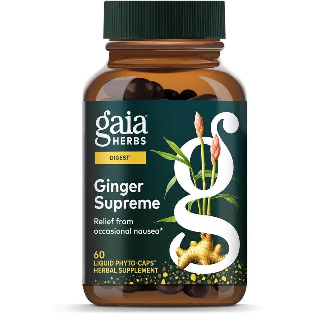 Gaia Herbs Ginger Supreme 60 Liquid Phyto Capsules front bottle view for herbal digestive support