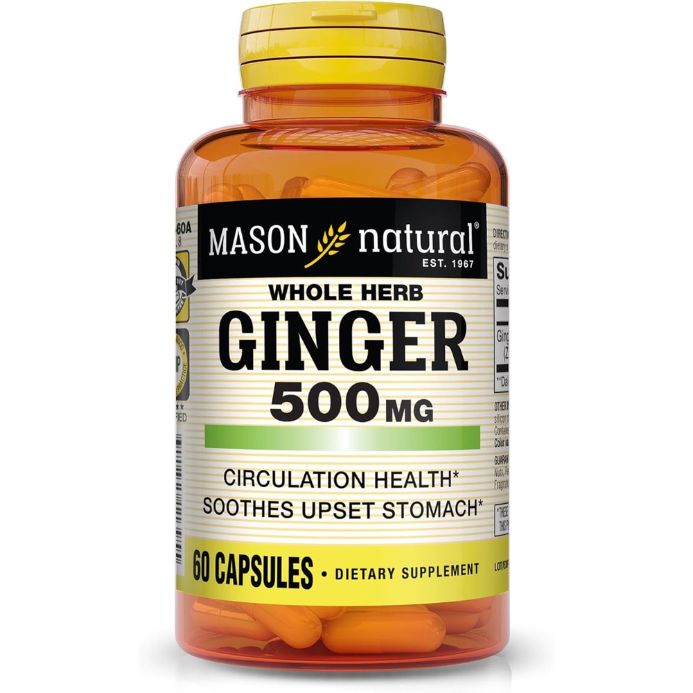 Mason Natural Whole Herb Ginger 500mg bottle front view for natural digestive support