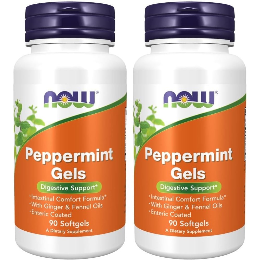 NOW Foods Peppermint Gels front view bottle packaging for digestive support