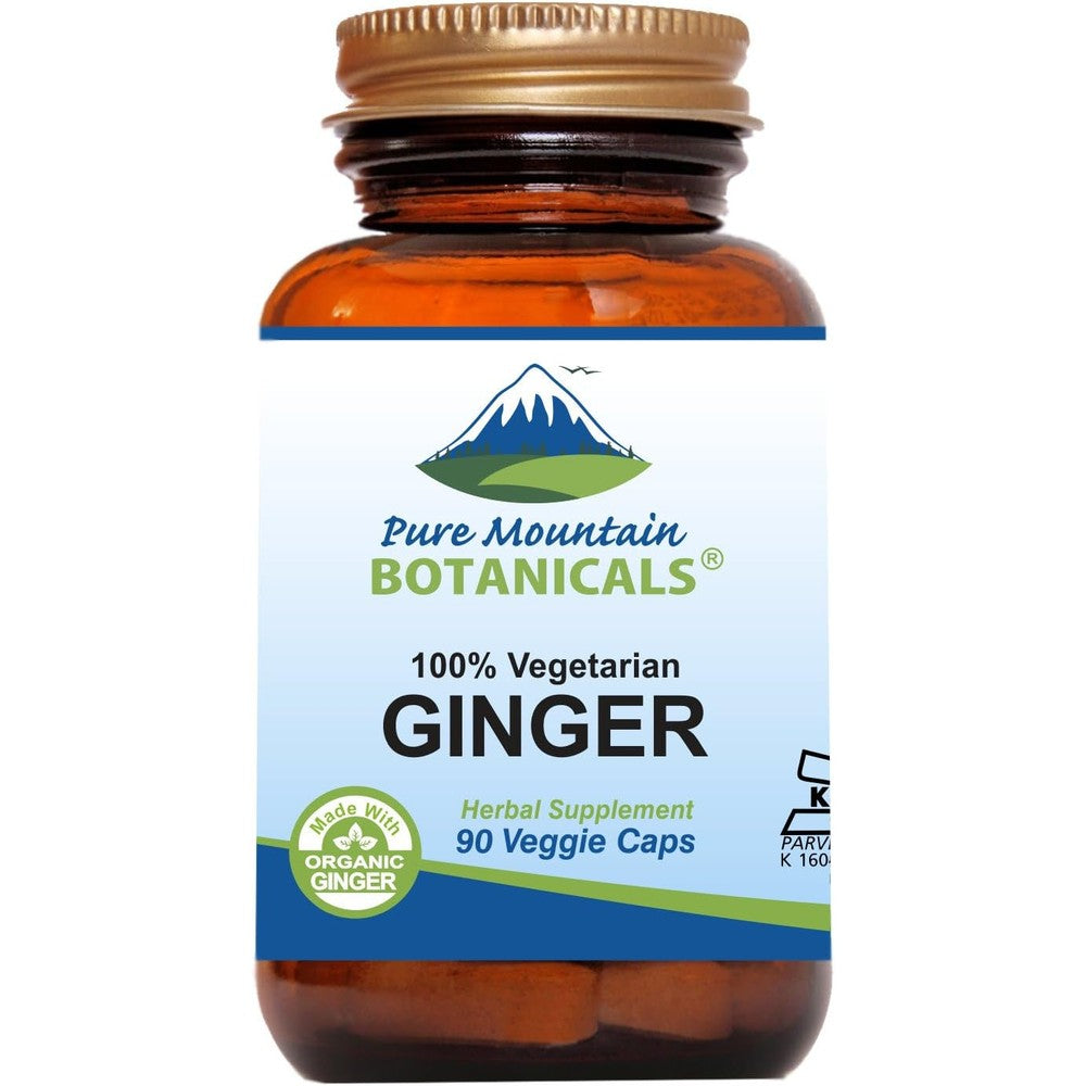Pure Mountain Botanicals Organic Ginger Root 90 capsules bottle front view showing clean label details.