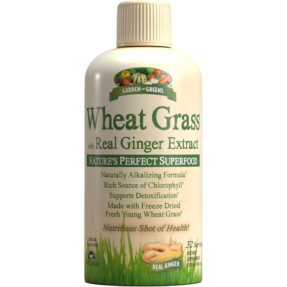 Garden Greens Wheat Grass Liquid 32oz front bottle view showcasing authentic USA imported packaging.