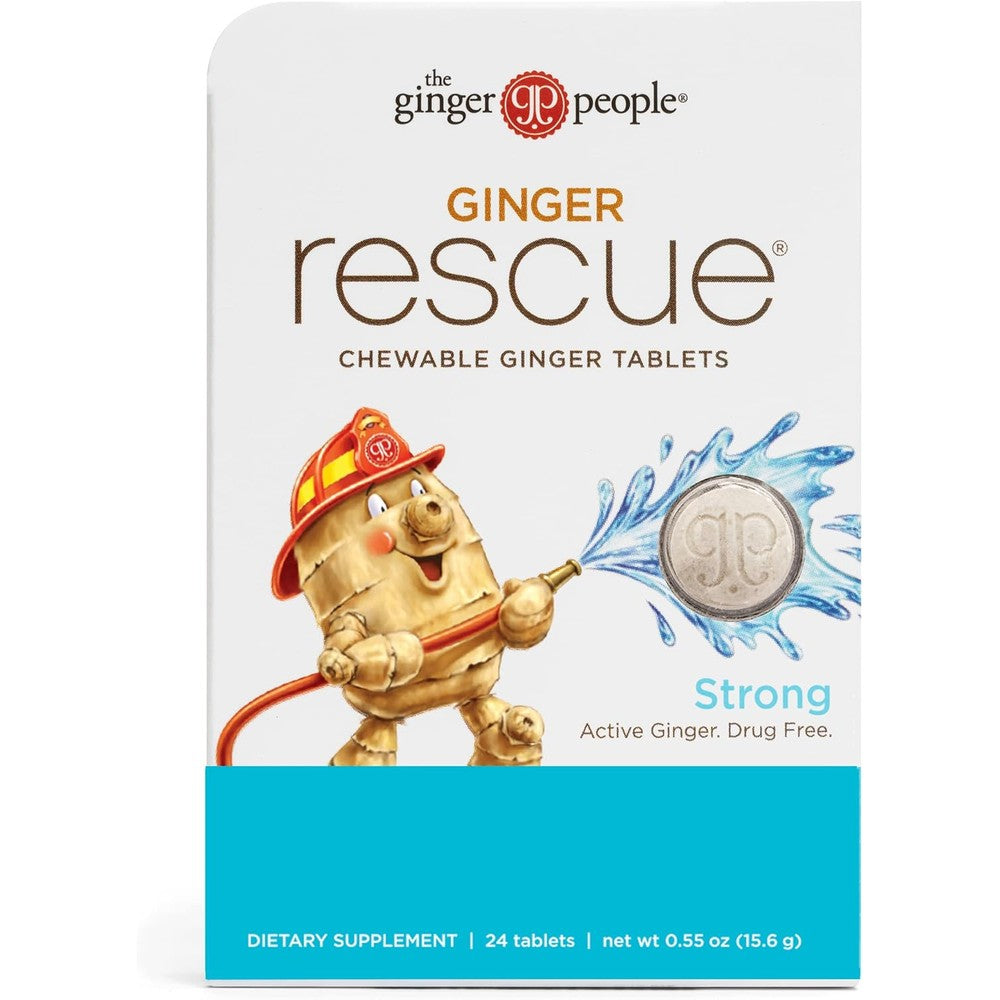 The Ginger People Ginger Rescue Strong Chewable Tablets front packaging for natural nausea relief