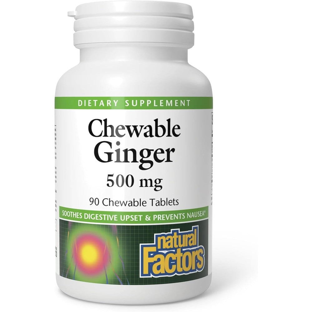 Natural Factors Chewable Ginger 500mg 90 tablets front bottle view for nausea support