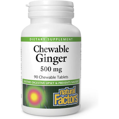 Natural Factors Chewable Ginger 500mg 90 tablets front bottle view for nausea support