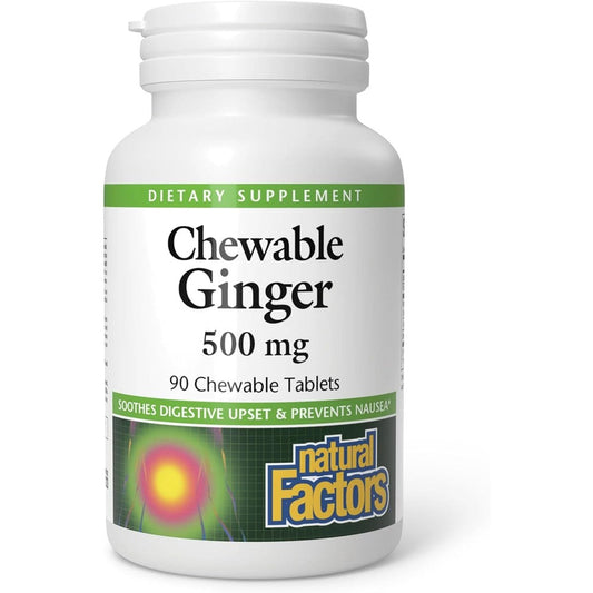 Natural Factors Chewable Ginger 500mg 90 tablets front bottle view for nausea support