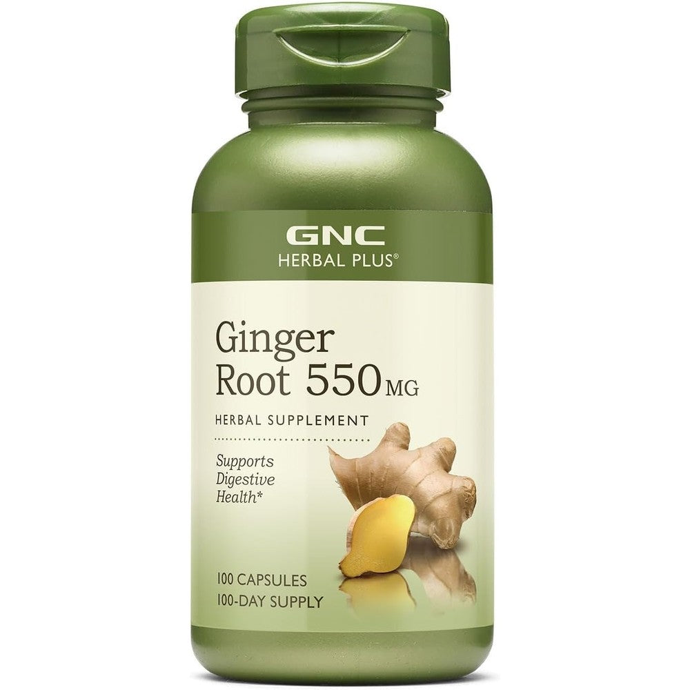 GNC Herbal Plus Ginger Root 550mg 100 capsules front view bottle for digestive health support.
