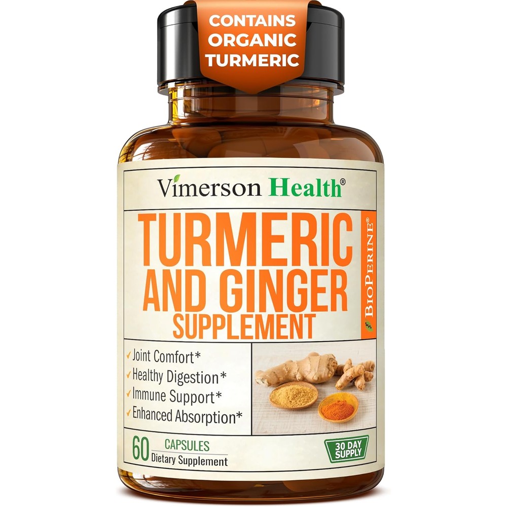 Vimerson Health Turmeric Curcumin with Ginger 60 capsules front view showing premium joint support supplement bottle.