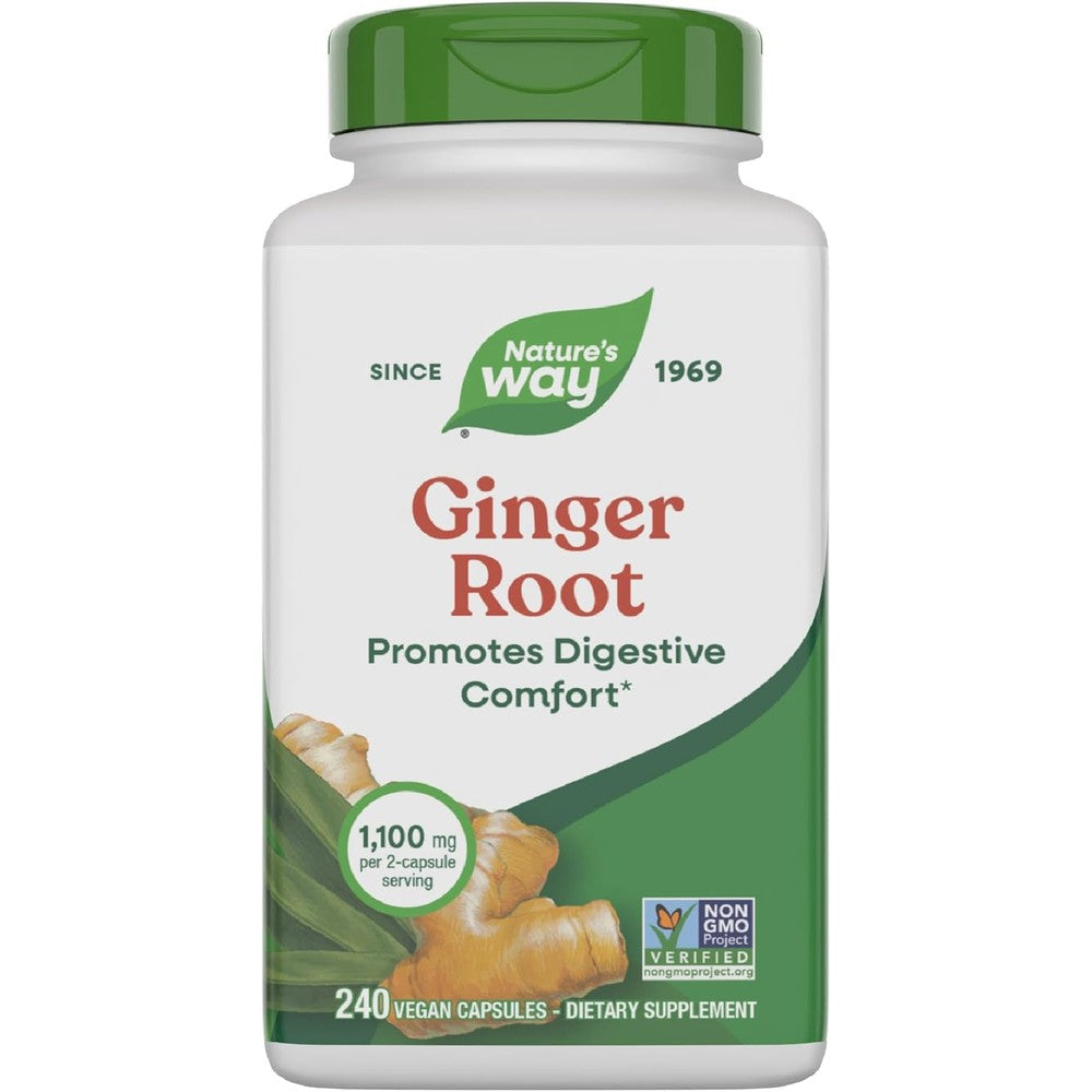 Nature's Way Ginger Root 240 vegan capsules front view for digestive comfort.