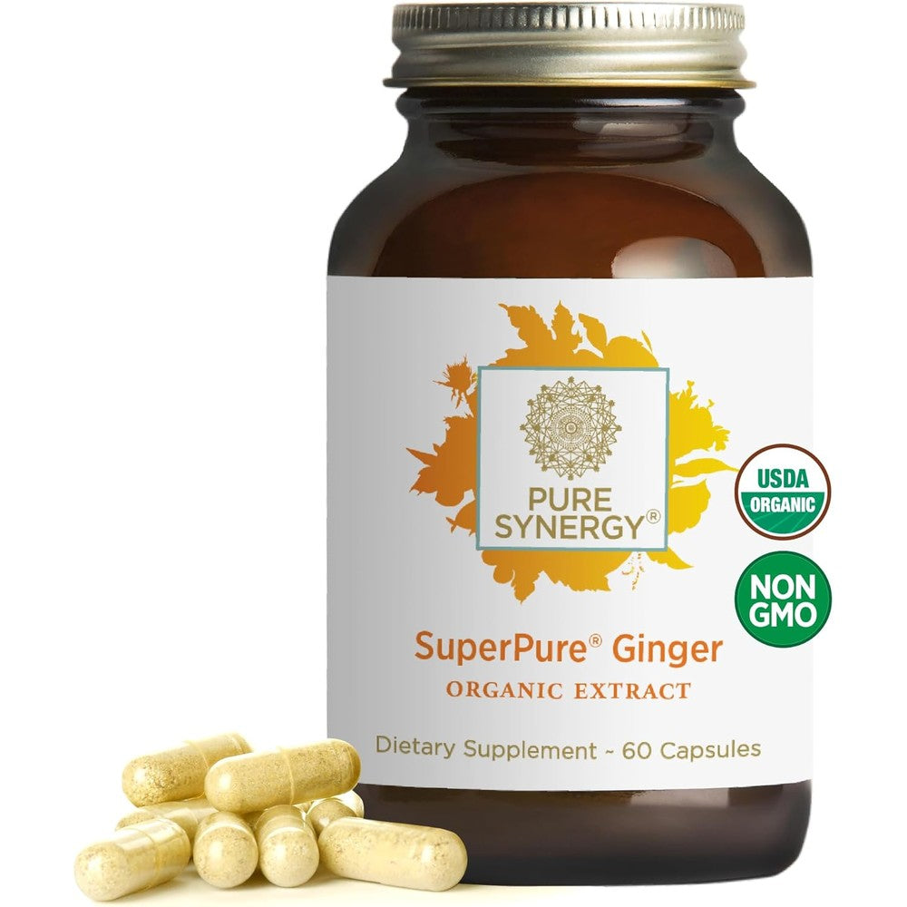 Pure Synergy SuperPure Ginger Extract 60 capsules front view packaging for organic digestive support