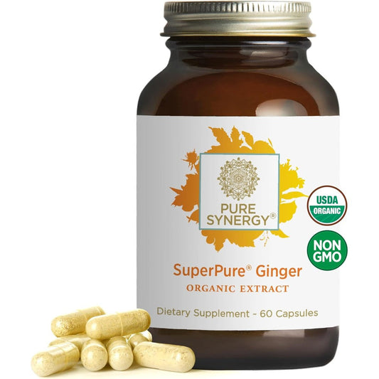 Pure Synergy SuperPure Ginger Extract 60 capsules front view packaging for organic digestive support