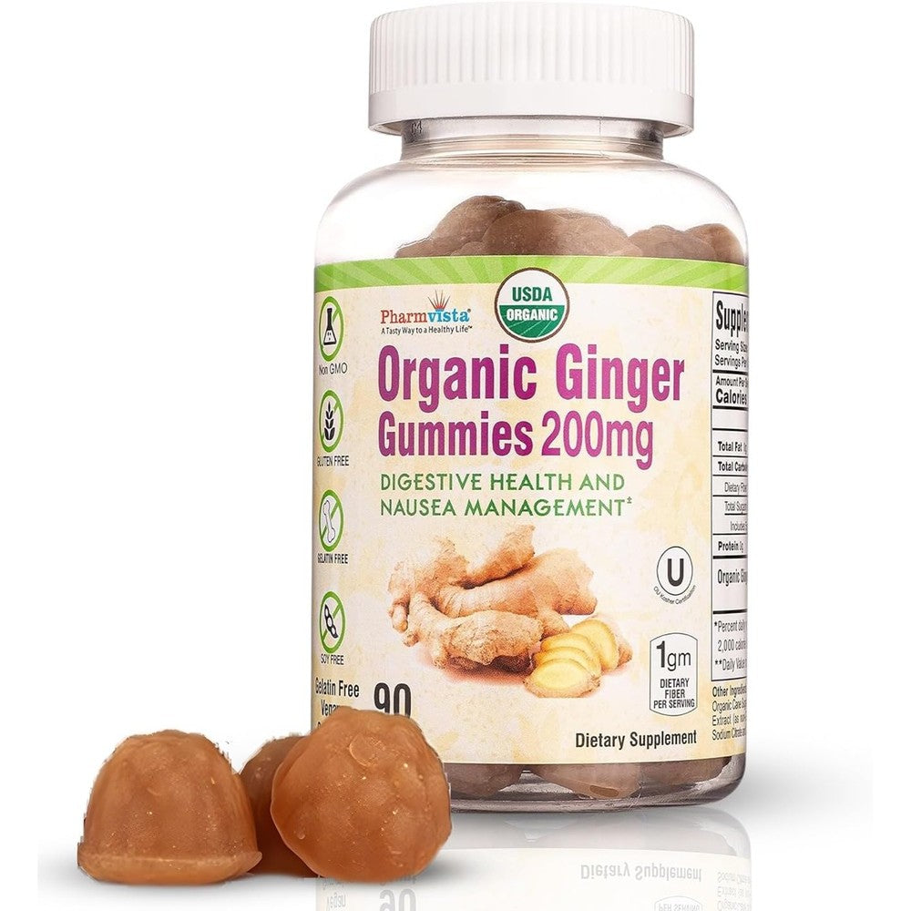 Pharmvista USDA Organic Ginger Gummies ninety count bottle front view showing clean label packaging.