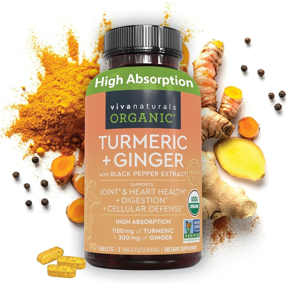 Viva Naturals Organic Turmeric and Ginger 90 Tablets front view for joint support.