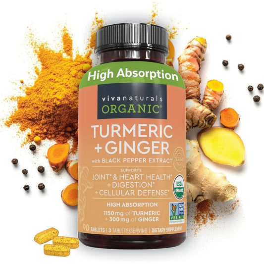 Viva Naturals Organic Turmeric and Ginger 90 Tablets front view for joint support.