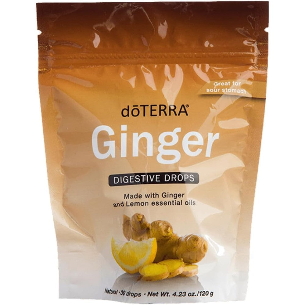 DoTERRA Ginger Digestive Throat Drops front view of the 30 count bag for natural digestive relief