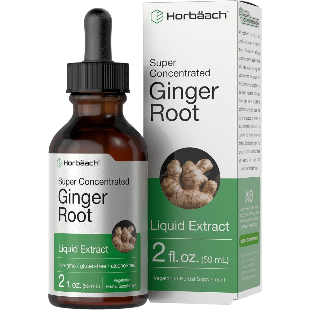 Horbäach Ginger Root Extract Liquid front view of the two fluid ounce bottle for digestive wellness.