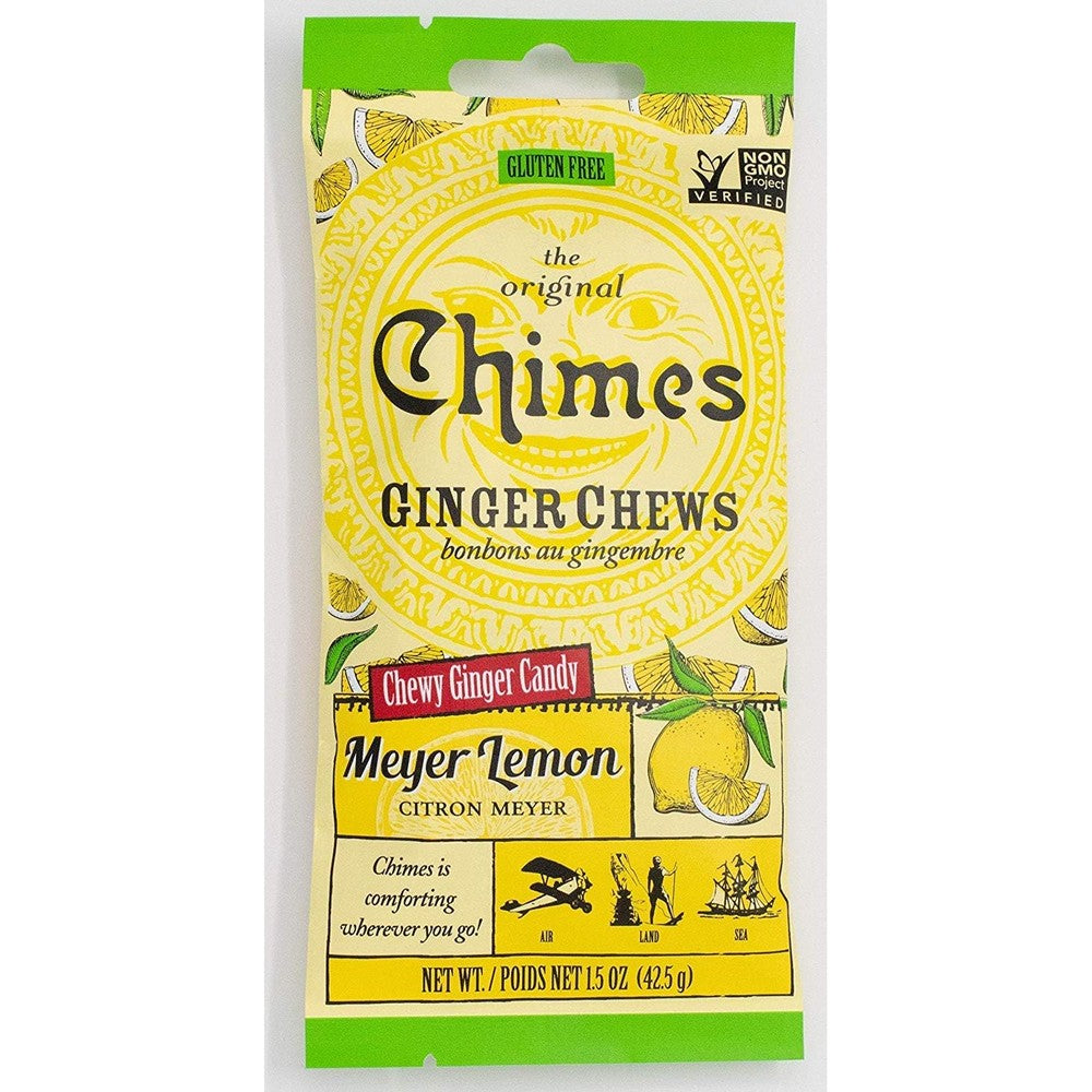 Chimes Ginger Chews Meyer Lemon front view package containing individually wrapped authentic vegan ginger candies.