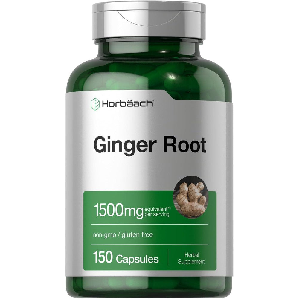 Horbaach Ginger Root Capsules 1500mg front view bottle for digestive health