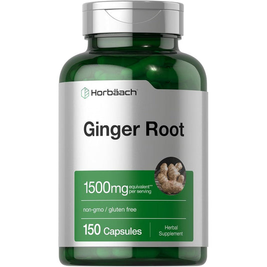 Horbaach Ginger Root Capsules 1500mg front view bottle for digestive health
