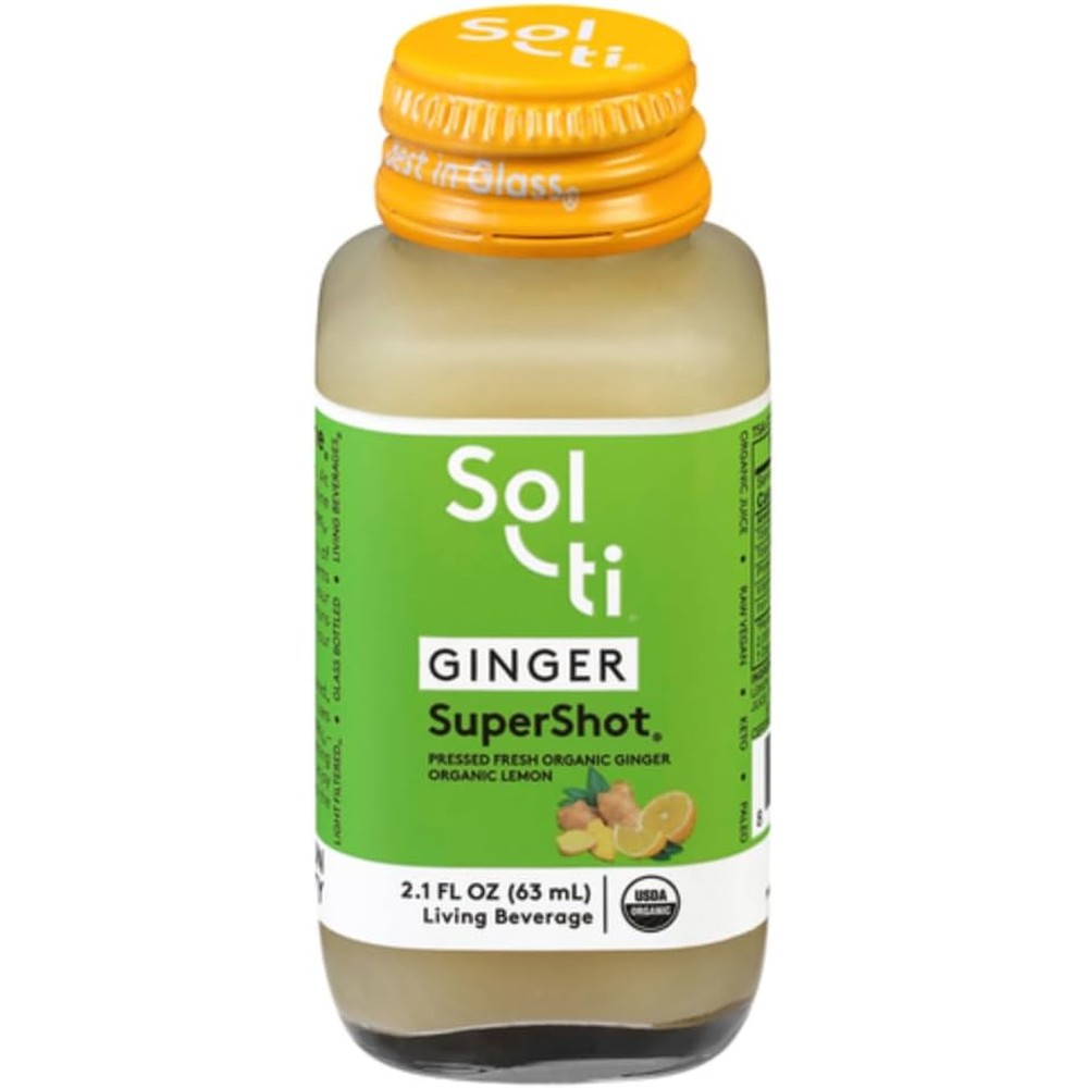 Sol-ti Organic Ginger SuperShot front view bottle showcasing the cold pressed digestive wellness blend packaging.