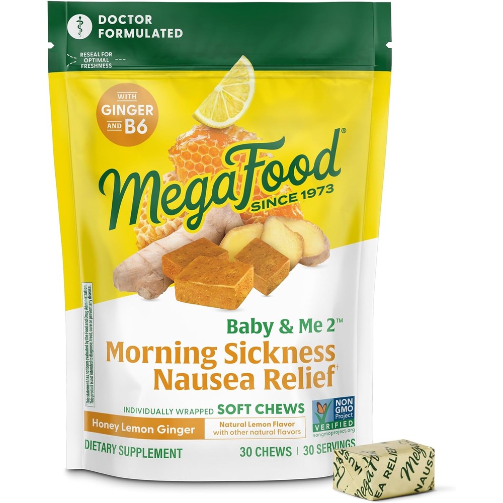 MegaFood Baby and Me 2 morning sickness nausea relief ginger chews front bottle view