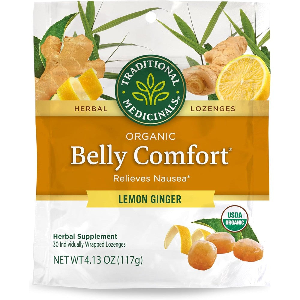 Traditional Medicinals Organic Belly Comfort Lemon Ginger Lozenges front packaging for nausea relief