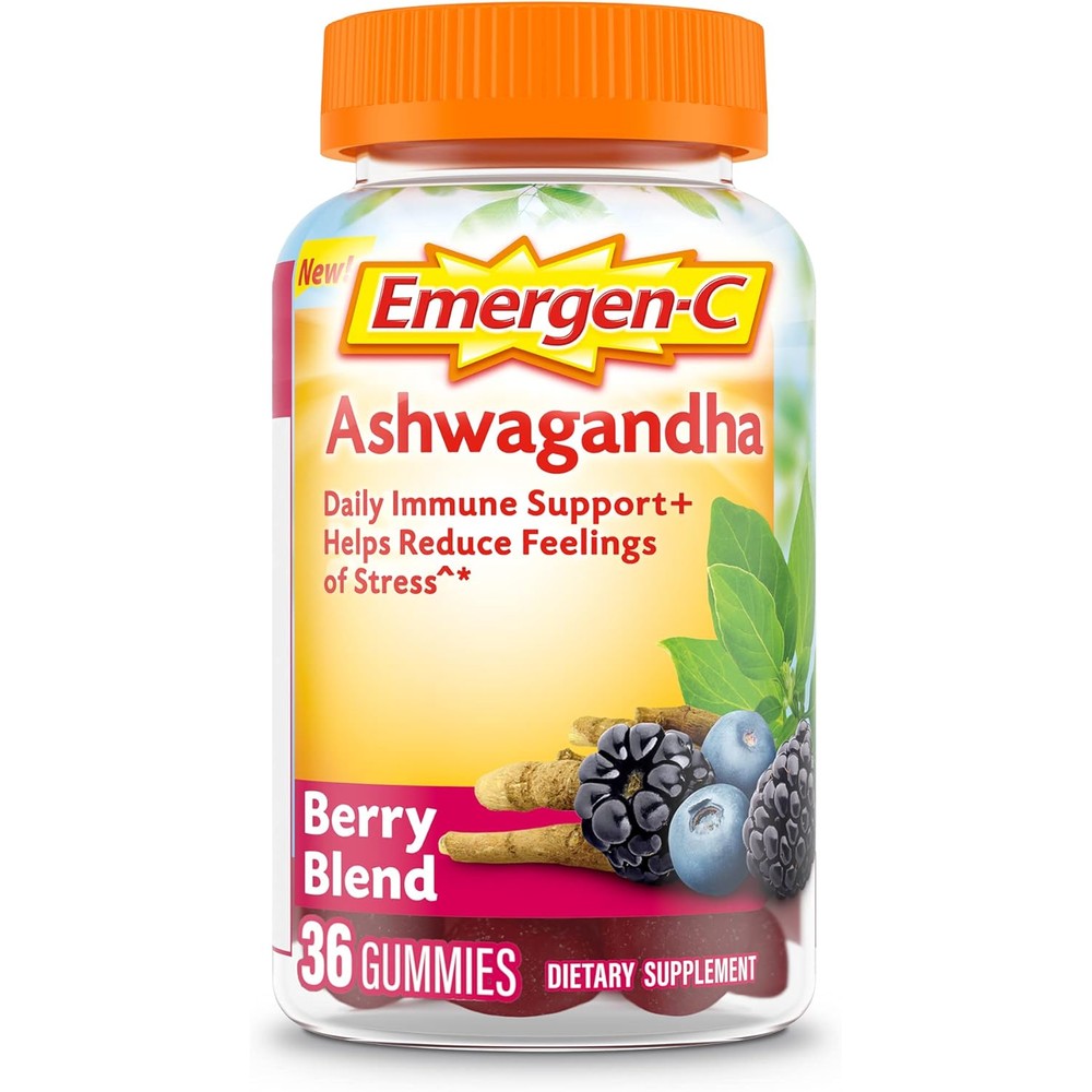 Emergen-C Vitamin C and Ashwagandha Gummies front view bottle for daily immune support.