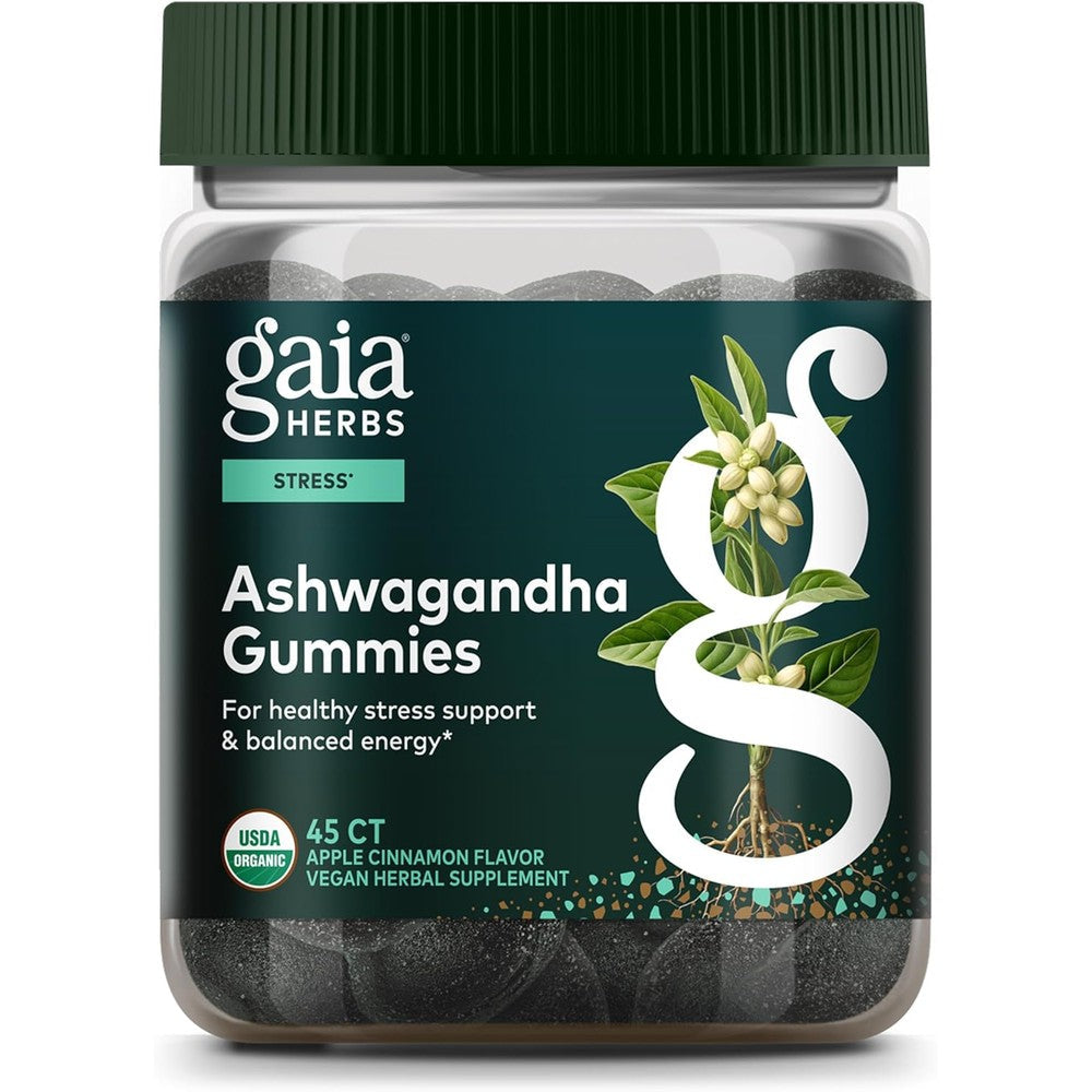 Gaia Herbs Organic Ashwagandha Gummies 45 Count front bottle view for natural stress relief.