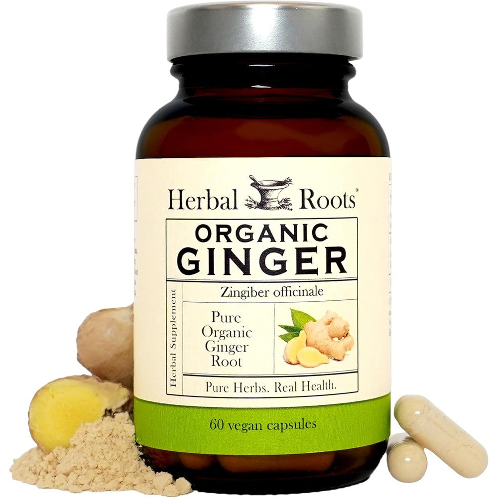 Herbal Roots Organic Ginger Root 1200mg Capsules front view amber bottle for digestive health