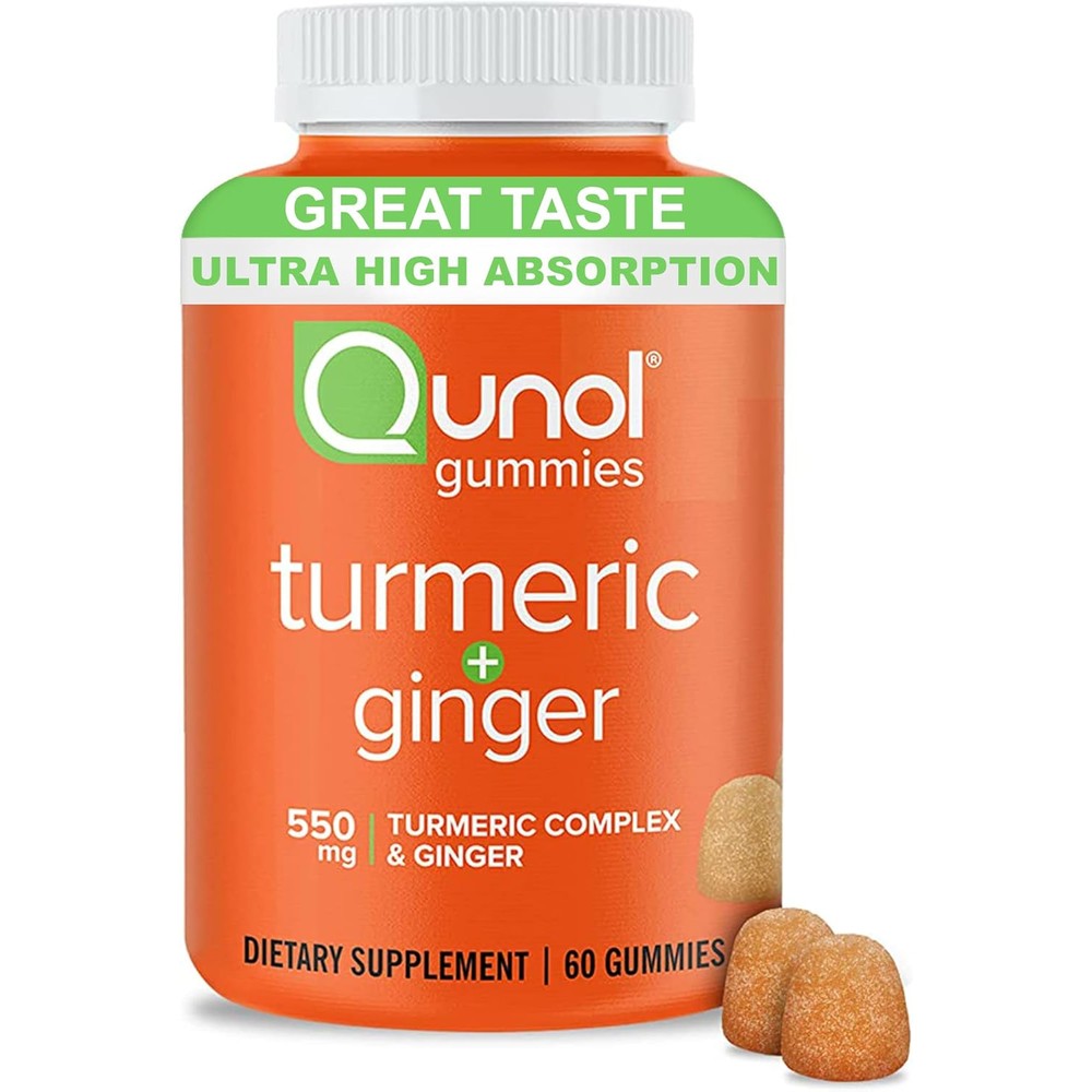 Qunol Turmeric and Ginger Gummies 60 count front view bottle for joint support