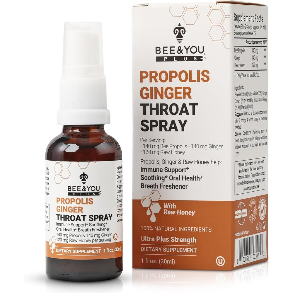 Bee And You Propolis Ginger Raw Honey Soothing Throat Spray front view for natural immune support