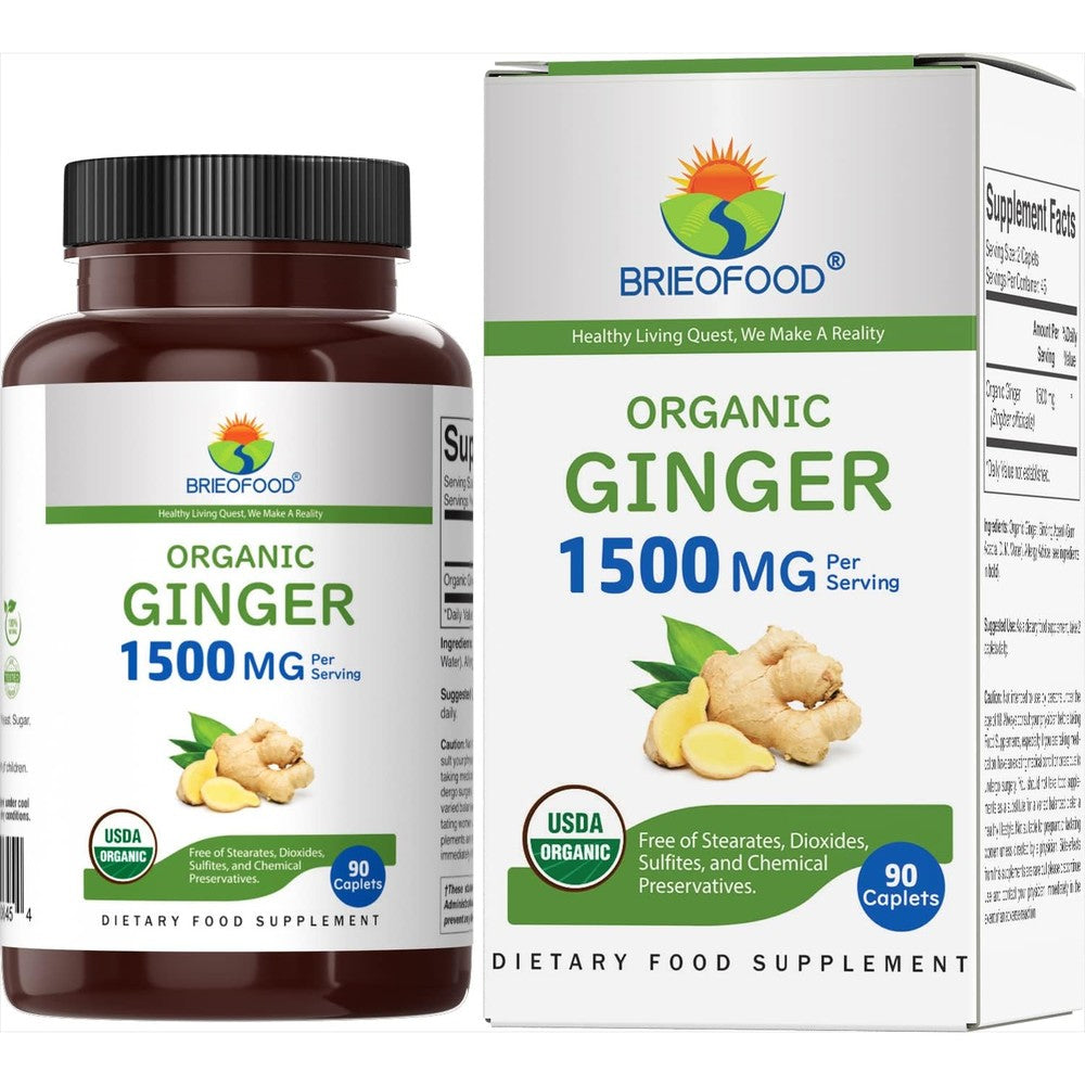 Brieofood Organic Ginger 1500 Milligrams supplement bottle front view for premium digestive support